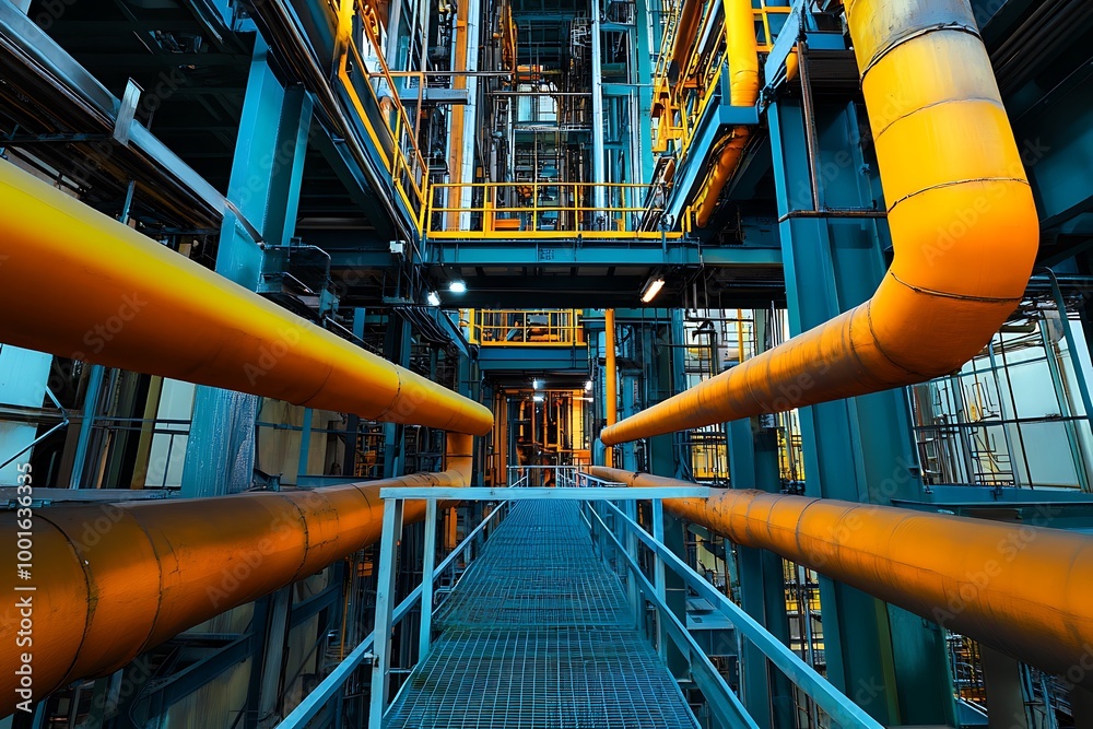 Industrial interior of factory with yellow and blue metal pipes and walkway Industrial interior of factory with yellow and blue metal pipes and walkway