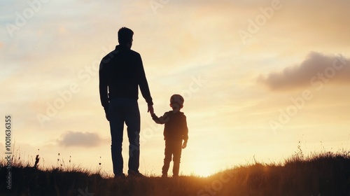 Father and son enjoy a sunset walk together on a grassy hill in early evening