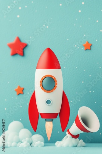 A toy rocket launching into space with clouds and stars in a colorful backdrop