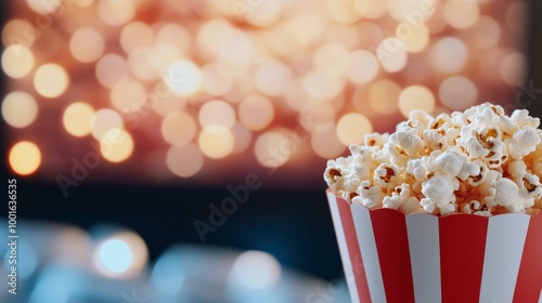 Freshly popped popcorn in a red and white striped container with a blurred fe...