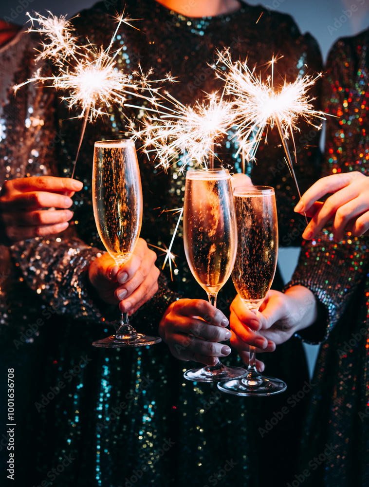 Friends celebrating Christmas or New Year eve party with Bengal lights and champagne.