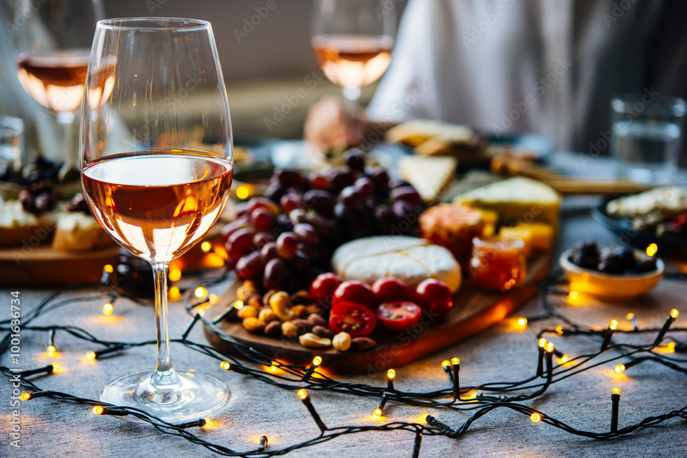 Wooden board with different kinds of cheese and glass of rose wine. Dinner or aperitivo party concept.