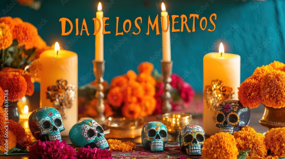 A stunning Dia de los Muertos altar with sugar skulls, candles, and marigolds A stunning Dia de los Muertos altar with sugar skulls, candles, and marigolds