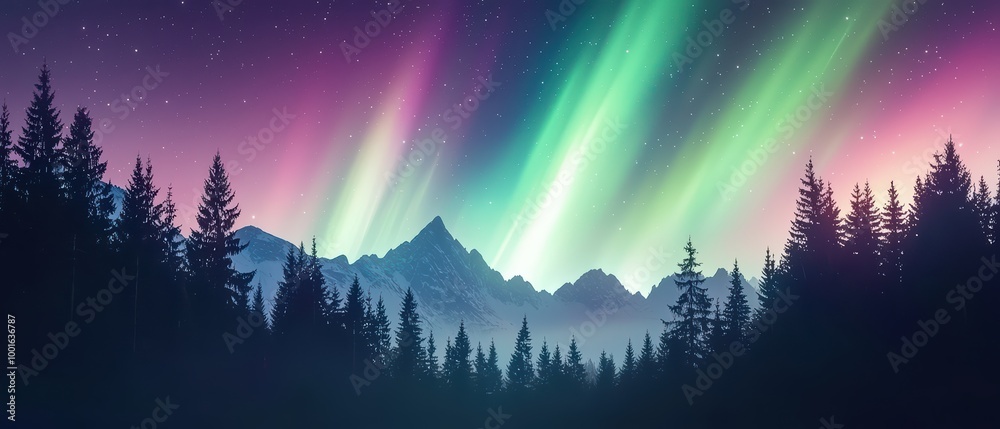 Naklejka premium Stunning aurora borealis over mountains and forests under a starry sky.