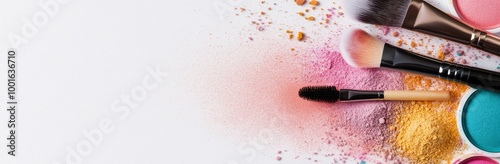 Colorful makeup brushes and powder pigments scattered on a white surface for ...