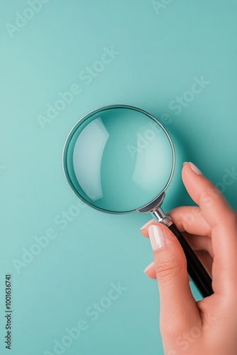 Hand holding a magnifying glass over a turquoise background for detailed exam...