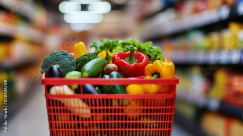 Fresh vegetables and fruits in a shopping basket at a grocery store on a busy...