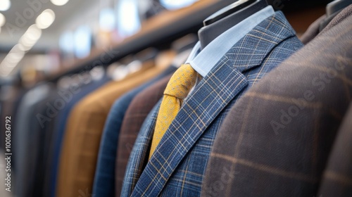 Tailored suits displayed elegantly in a clothing store showcasing various sty...