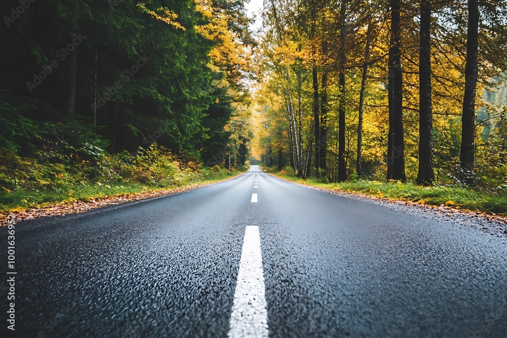 Fototapeta premium Empty asphalt road through autumn forest, concept of journey, travel, road trip, exploration
