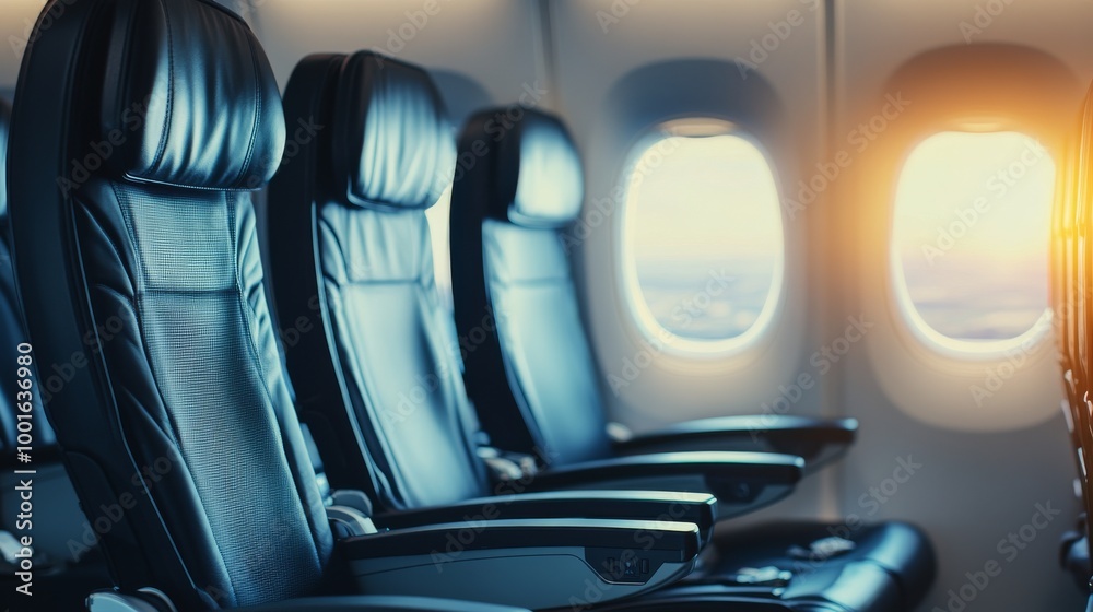 Obraz premium Empty airplane seats by the window with stunning sunset over the clouds in the background