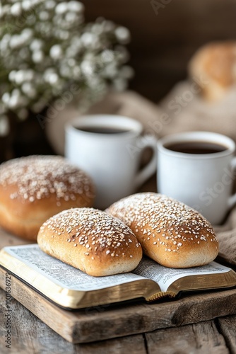 Enjoying breakfast with fresh rolls and coffee beside an open book in a cozy ...