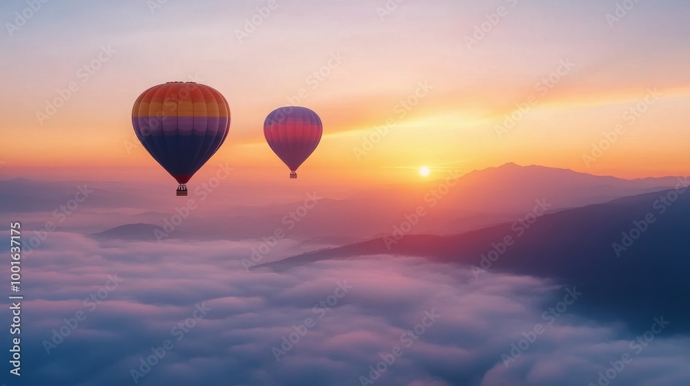 Obraz premium Colorful hot air balloons soaring above the clouds at sunset in a scenic sky