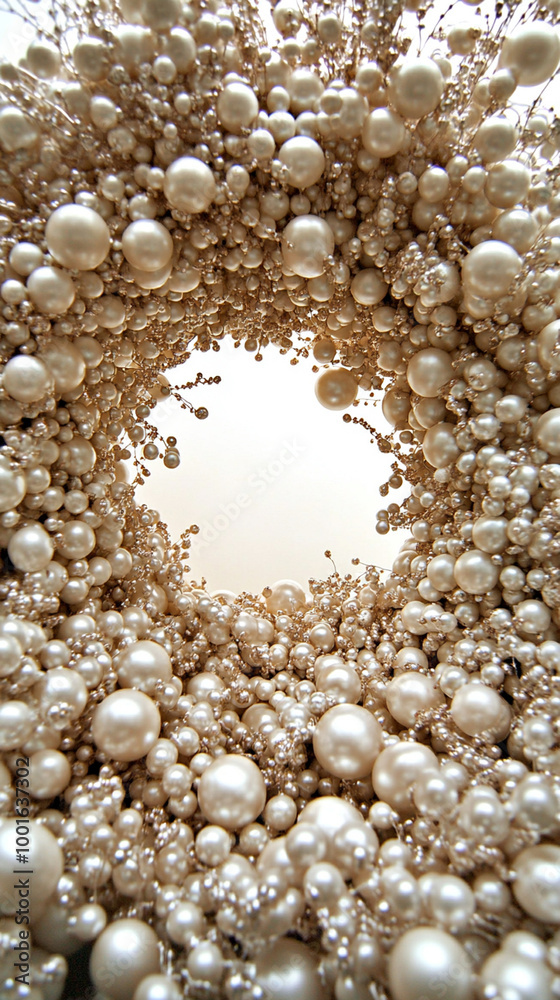 Spiral from natural pearls neclaces closeup top view, precious background. AI Generative. Spiral from natural pearls neclaces closeup top view, precious background. AI Generative.