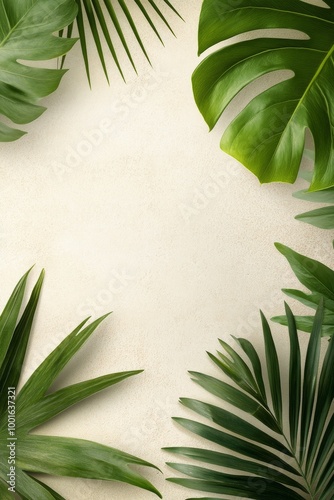 Lush green tropical leaves create a serene backdrop in a softly blurred natur...