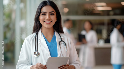 Confident Indian female doctor standing confidently with a stethoscope around her neck, holding a digital tablet in a bright and modern medical facility, with colleagues working in the background
