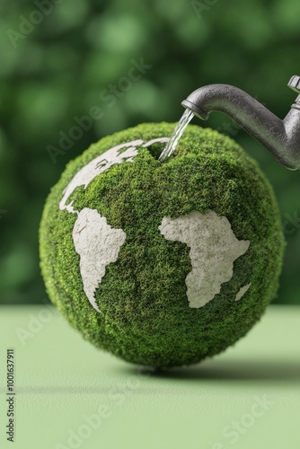 A green planet being nourished by a faucet pouring water on a grassy globe wi...
