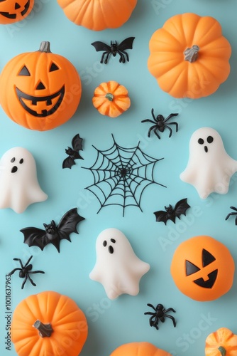 Colorful Halloween decorations with pumpkins, ghosts, and bats on a blue back...
