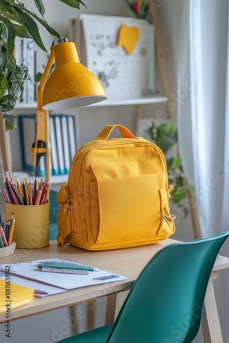 Bright yellow backpack on a desk with stationery in a cheerful, floral-themed...