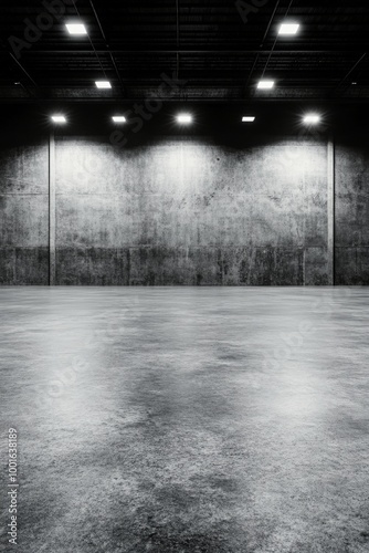 Spacious industrial hall with polished concrete flooring and ambient lighting...
