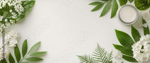 Vibrant tropical flowers and leaves arranged artistically on a neutral backgr...