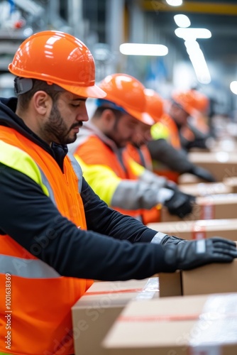 Workers in orange safety gear efficiently packing boxes in a warehouse during...