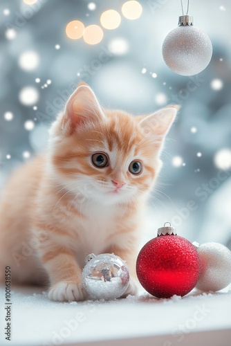 Playful orange kitten exploring festive decorations during winter holiday season