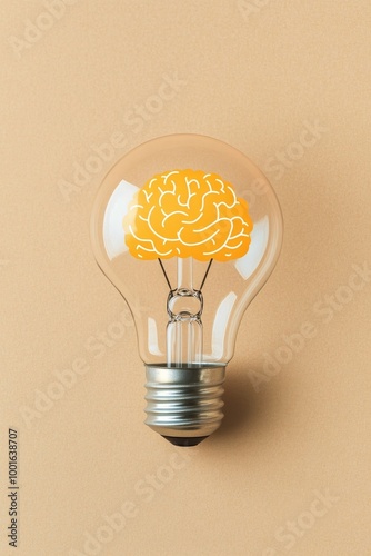 Unique light bulb design featuring a brain shape inside on a soft peach backg...