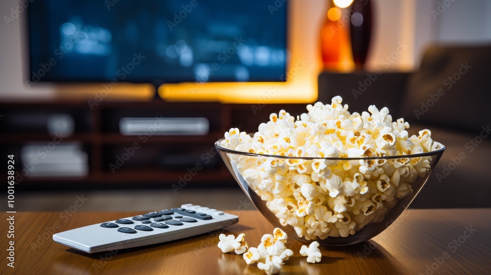 Popcorn and remote control against TV set. Neural network ai generated art Popcorn and remote control against TV set. Neural network ai generated art