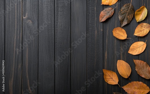 Autumn leaves scattered on a dark wooden surface in natural light during fall