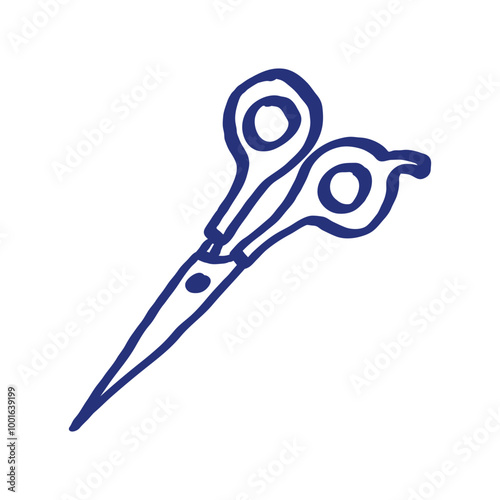 Scissors. Hairdressing equipment. Professional hair dresser tool. Vector illustration. Barber symbol. Hand drawn sketch. Blue pen or marker drawing. Primitive kids picture.