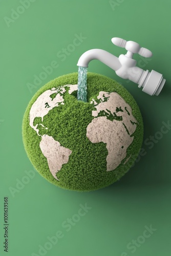 A green planet being nourished by a faucet pouring water on a grassy globe wi...