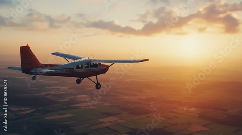Fototapeta Naklejka Na Ścianę i Meble -  Small plane flying at sunset over a patchwork of fields and valleys