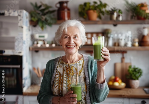 A photo of an elderly woman standing in her kitchen, smiling and holding up a glass with a green smoothie inside it. She is wearing casual like a cardigan or sweater over a top she wears while enjoyin photo