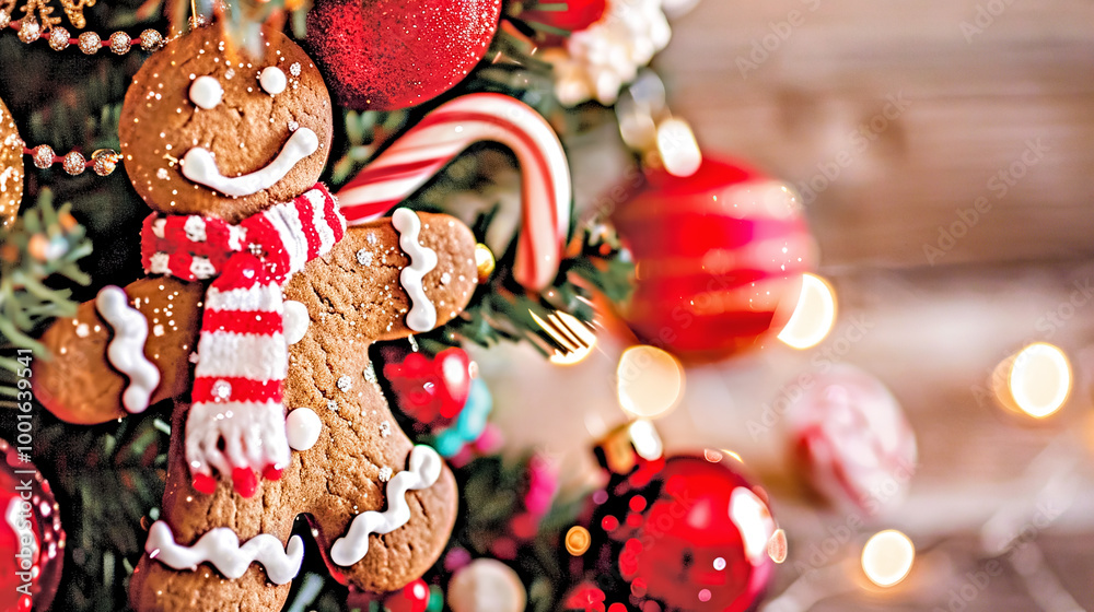 Christmas tree decorated with gingerbread cookies and candy canes. Christmas concept. New Year and Christmas greeting card template with copy space. Christmas tree decorated with gingerbread cookies and candy canes. Christmas concept. New Year and Christmas greeting card template with copy space.