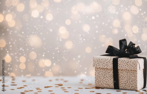 Gift wrapping and blank card on a festive pink background decorated with gold...