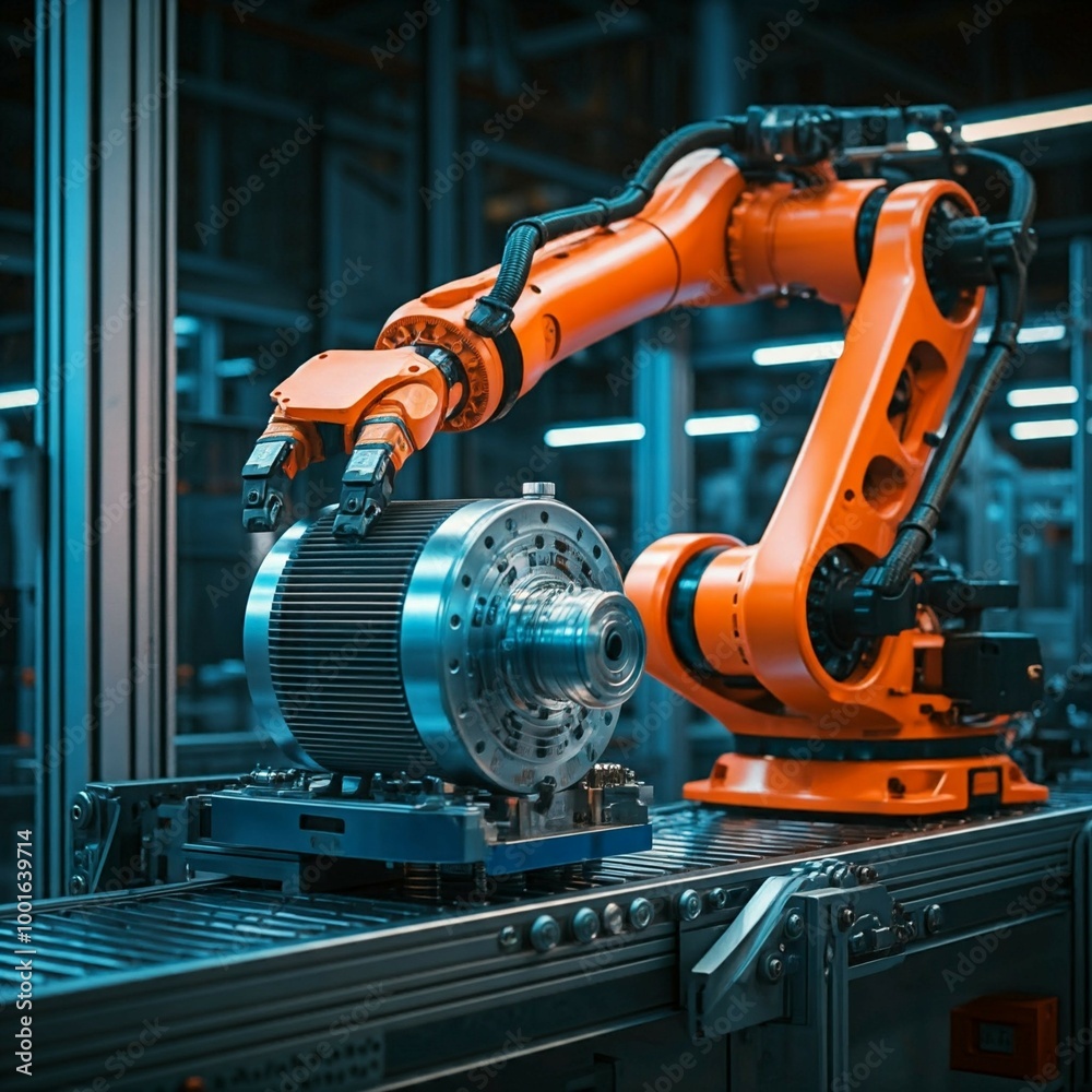 Fototapeta premium A robotic arm skillfully assembles motor components on a conveyor belt within a high-tech manufacturing facility, showcasing advanced automation technology.