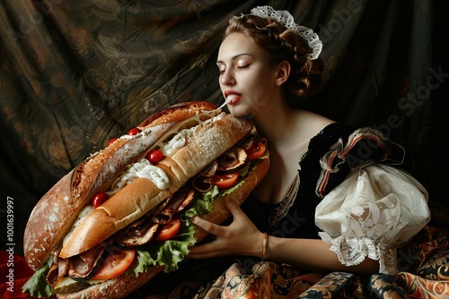 A Renaissance style photo of a woman eating a giant sub sandwich, with a dark background, rendered in a hyper realistic style. --ar 3:2 --v 6 Job ID: 6f6fce38-92ea-400d-899d-7c7bd9a3c349 photo