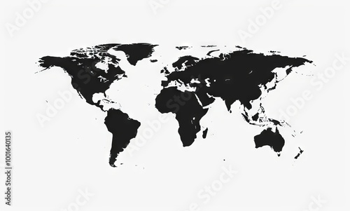 A simple black silhouette of the world map, white background, vector illustration, no shadows, flat design, vector art style, no shadow on left side, 2D design, simple shapes, simple lines, vector gra