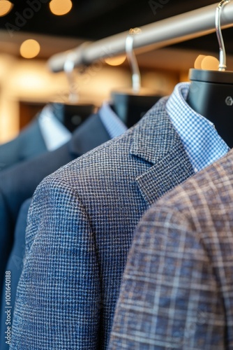 Business suits displayed in a stylish clothing store showcasing elegant fabri...
