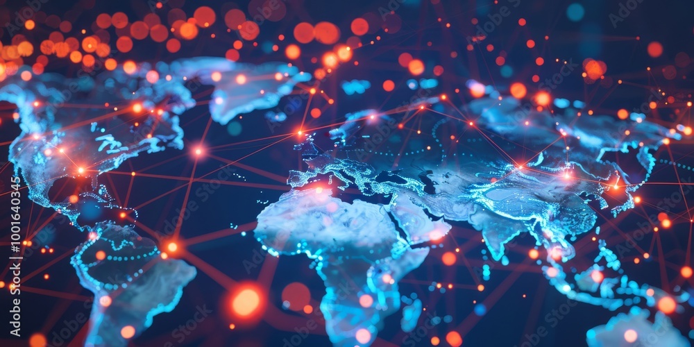 A world map with global network connections, highlighting the interconnectedness of various countries in digital business. The background is dark blue and features glowing lights symbolizing technolog A world map with global network connections, highlighting the interconnectedness of various countries in digital business. The background is dark blue and features glowing lights symbolizing technolog
