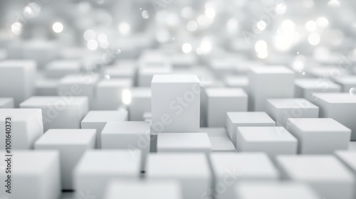 Floating white cubes in a soft light background with a dreamy atmosphere