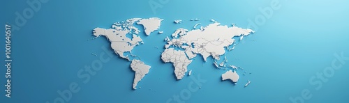 A simple yet elegant white world map with a minimalistic design, centered on the left side of an empty blue background. The map is designed to be visually appealing and easy for viewers to read withou