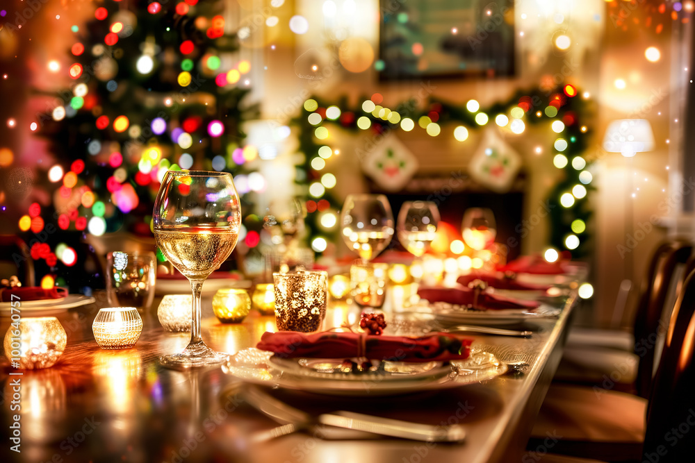 Christmas table setting with candles, plates, cutlery and Christmas tree in the background. Greeting card template with copy space. Christmas table setting with candles, plates, cutlery and Christmas tree in the background. Greeting card template with copy space.