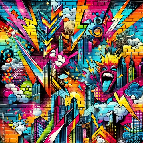 Vibrant pop art graffiti mural with a textured backdrop, designed as a lively wallpaper featuring bold neon tones