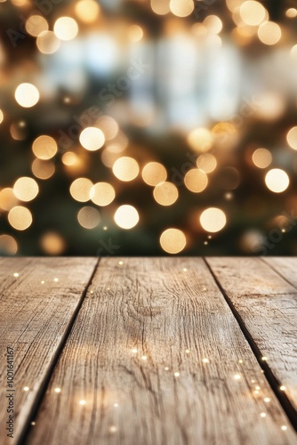 Soft bokeh lights create a warm atmosphere over a rustic wooden table in a co...
