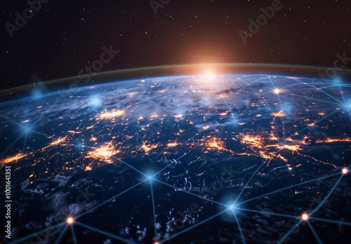 A wide shot of the Earth with digital connections connecting cities across continents, symbolizing global connectivity and technology. The earth is illuminated at night by city lights, creating an imp photo