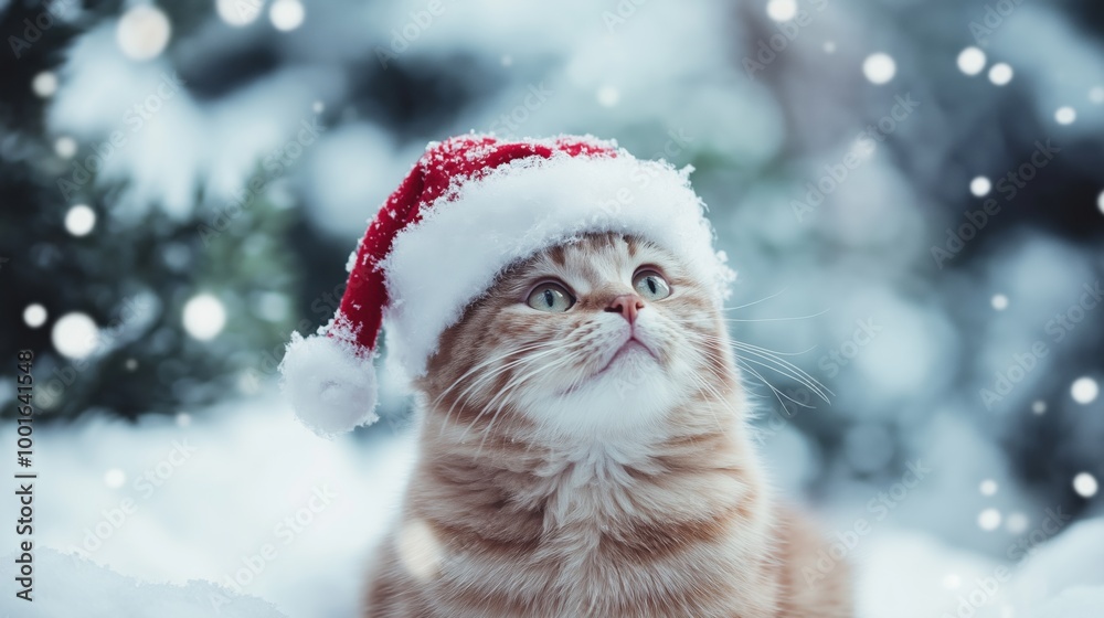 Cute cat in Santa hat during winter snowfall Cute cat in Santa hat during winter snowfall
