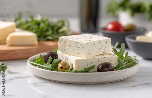 Fresh feta cheese on a plate with olives and arugula in a bright kitchen setting