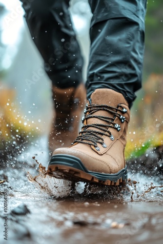 A person steps through a muddy trail with sturdy hiking boots in a lush green...