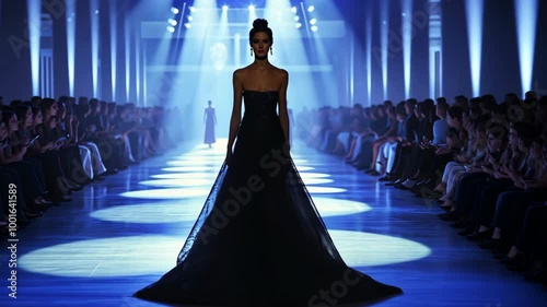 A model walks the runway in a long black gown during a fashion show